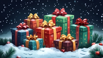 圣诞礼物堆在雪地