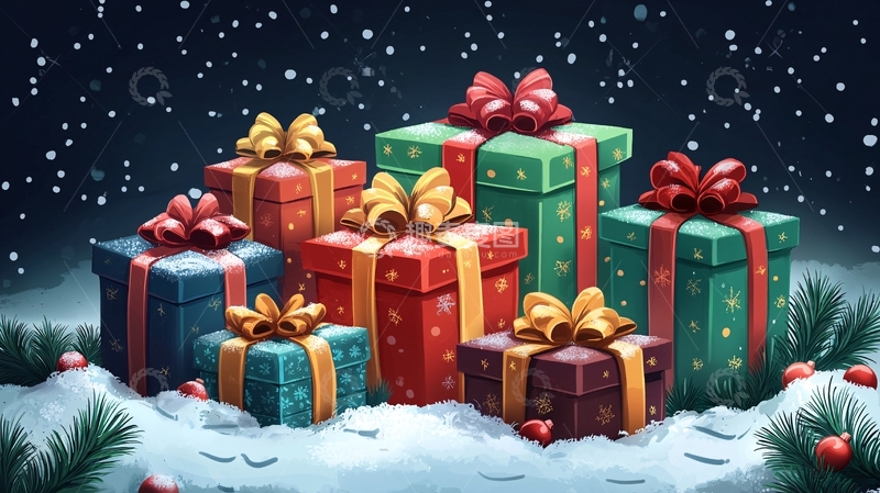 高清大图下载【趣麦麦图】圣诞礼物堆在雪地