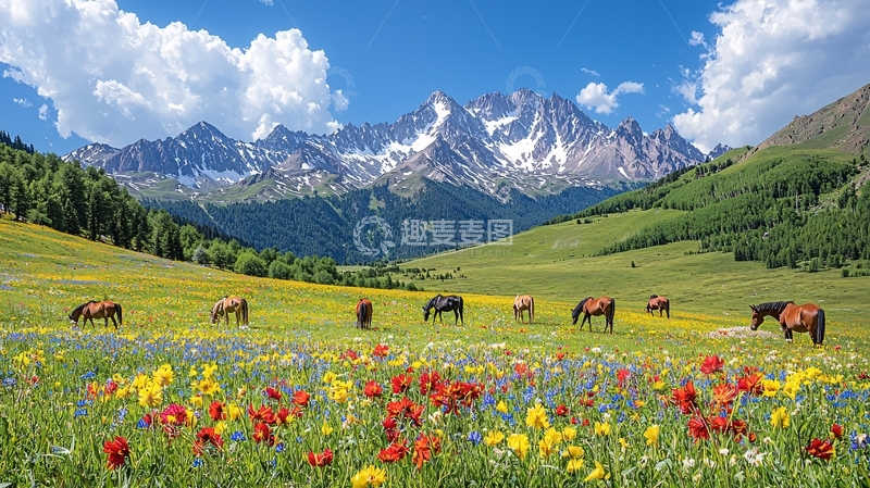 高清大图下载【趣麦麦图】鲜花盛开的草原和雪山