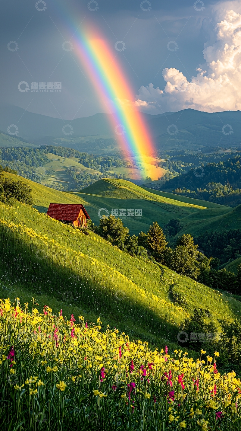 高清大图下载【趣麦麦图】绿地上的彩虹小屋