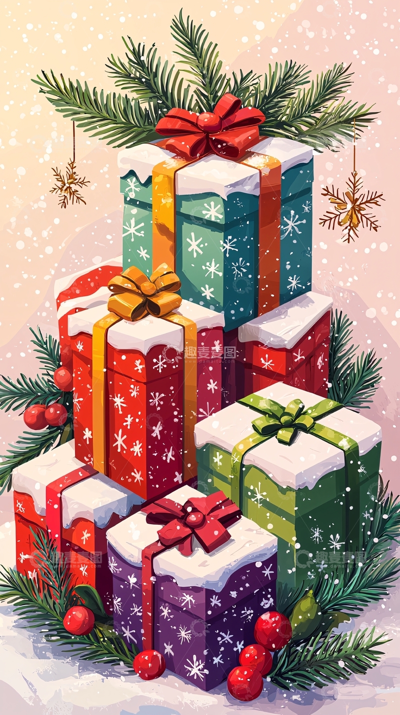 高清大图下载【趣麦麦图】一堆堆叠的圣诞礼物