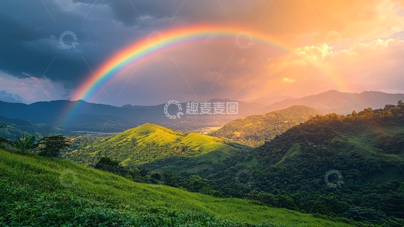 高清大图下载【趣麦麦图】绚丽彩虹下的绿色山丘