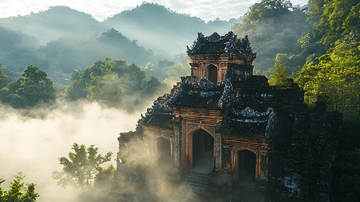 山间古寺晨雾缭绕