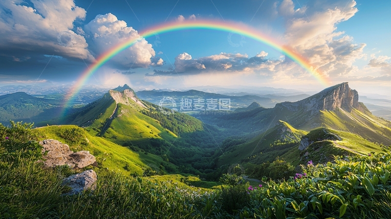 高清大图下载【趣麦麦图】壮丽山景上的完整彩虹