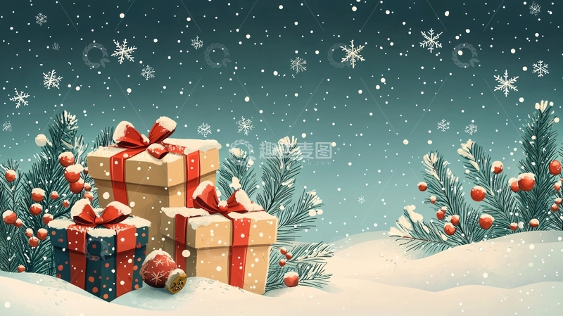 高清大图下载【趣麦麦图】雪夜礼物盒和圣诞树