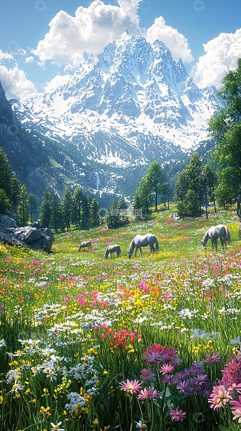 高清大图下载【趣麦麦图】雪山下的花海草地