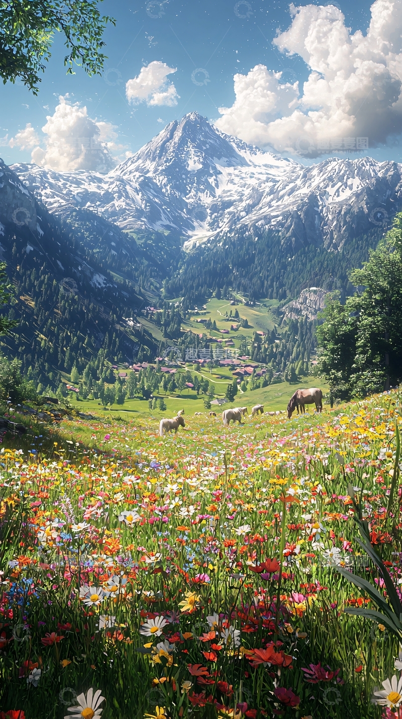高清大图下载【趣麦麦图】鲜花盛开的山谷雪山背景