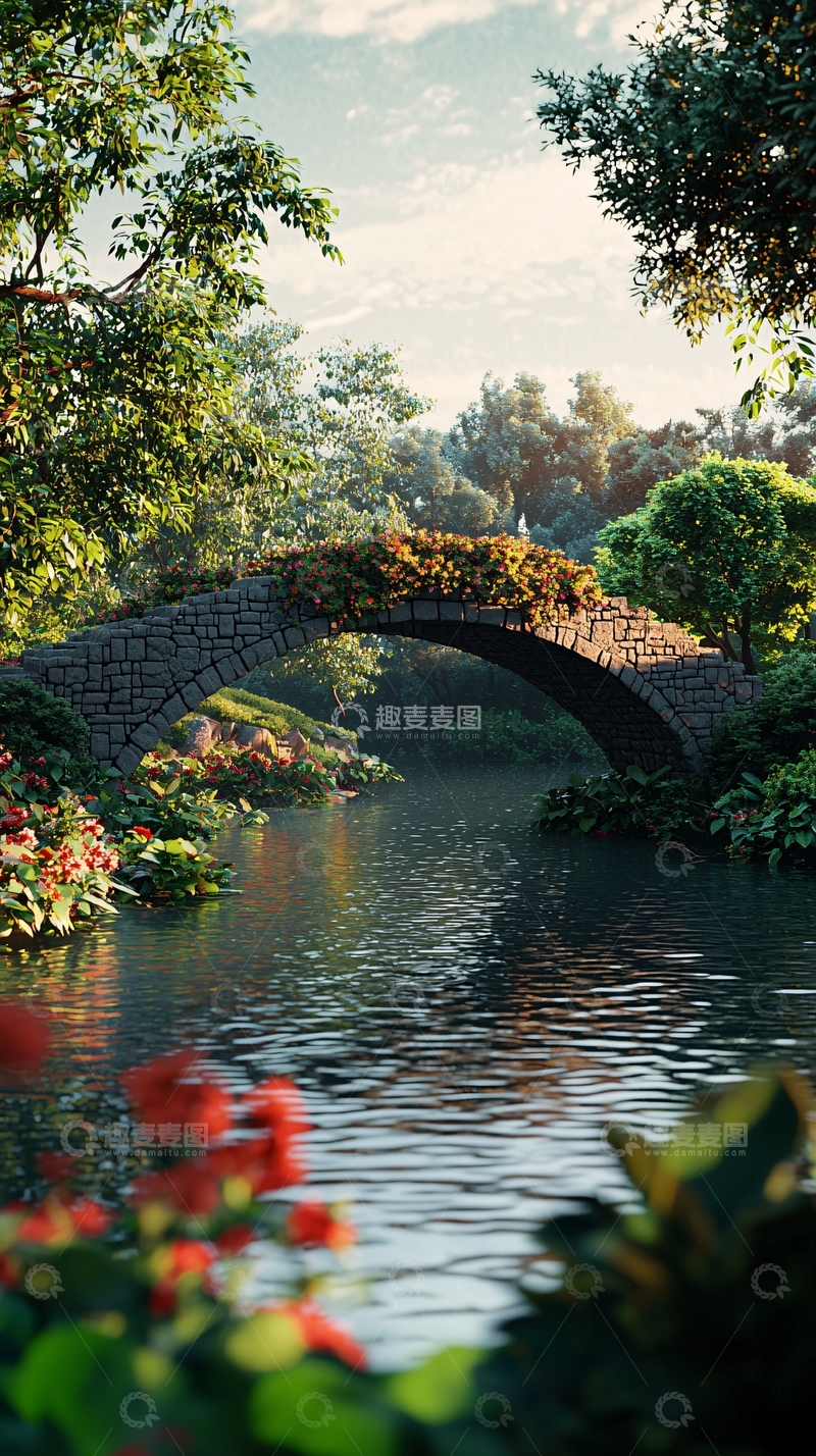 高清大图下载【趣麦麦图】绿树成荫下的石拱桥
