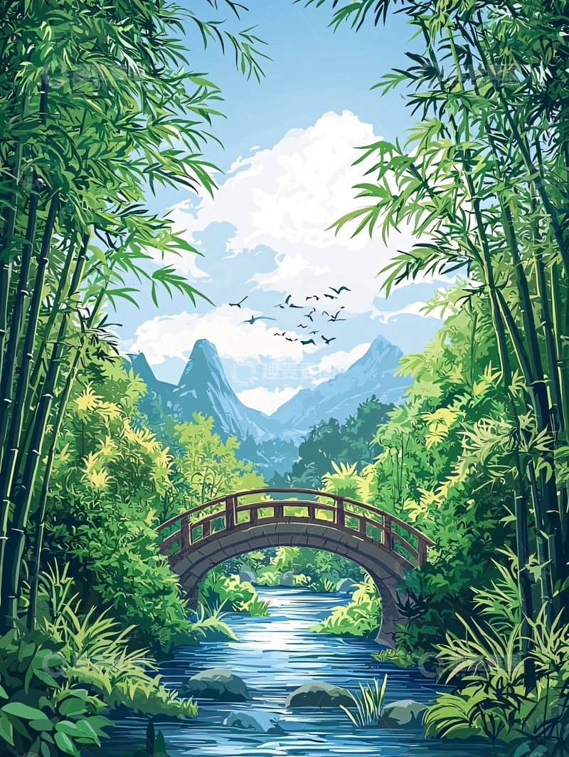 高清大图下载【趣麦麦图】绿竹环绕的桥梁