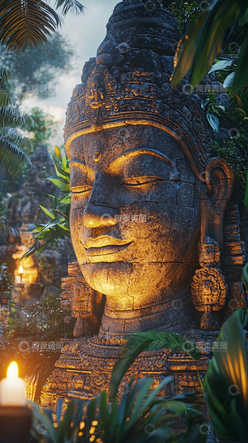 高清大图下载【趣麦麦图】热带丛林佛像雕塑