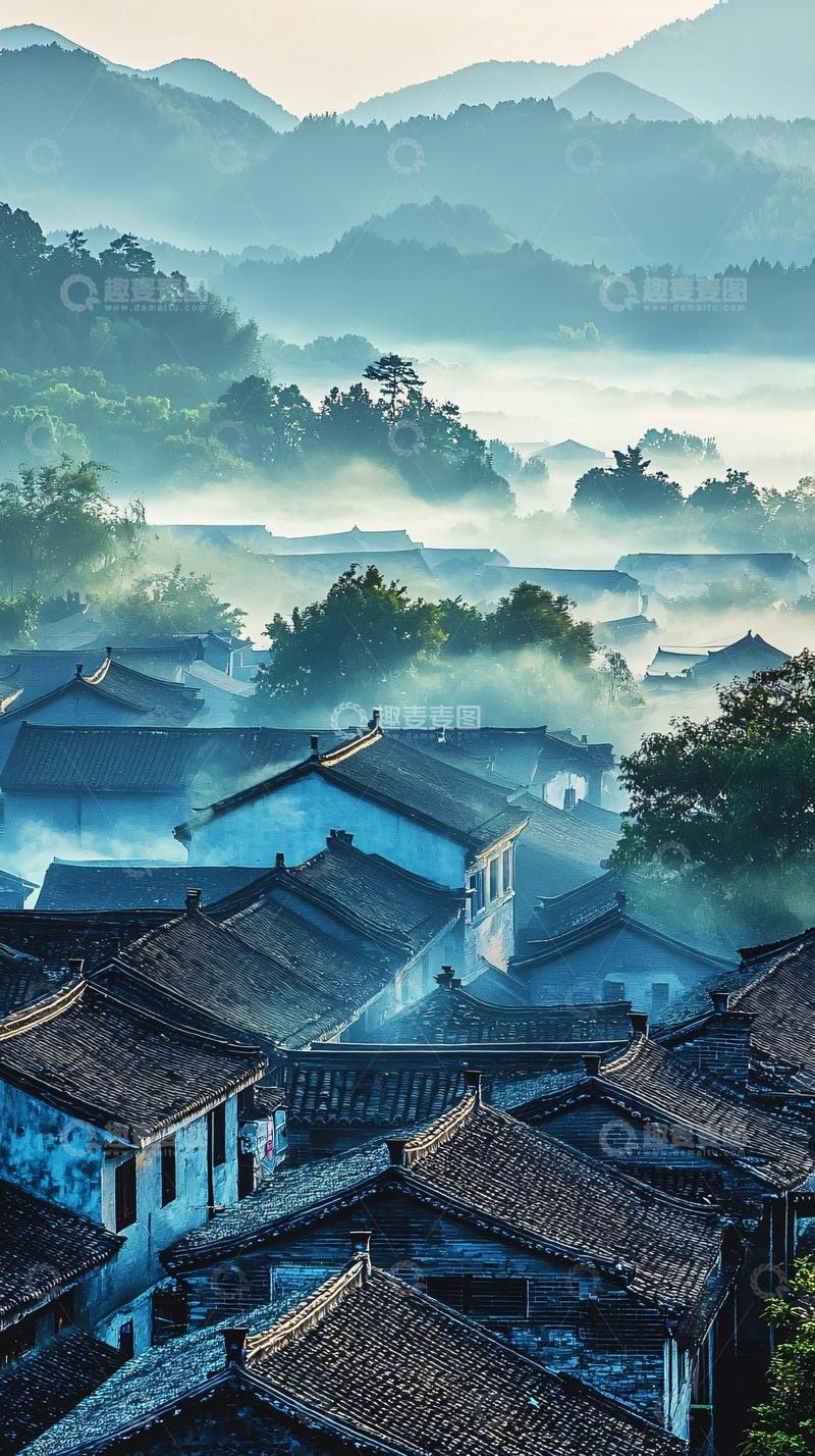 高清大图下载【趣麦麦图】清晨薄雾山村景色