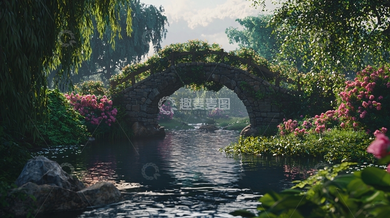高清大图下载【趣麦麦图】拱桥流水花园景色