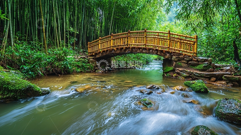 高清大图下载【趣麦麦图】竹林小桥流水如画