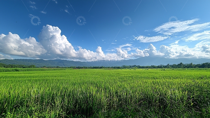 高清大图下载【趣麦麦图】辽阔的绿色稻田蓝天白云
