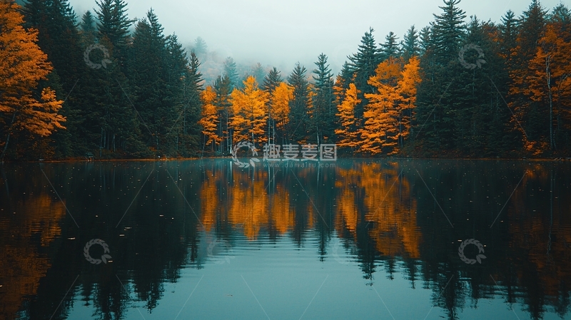 高清大图下载【趣麦麦图】湖面森林倒影的秋季