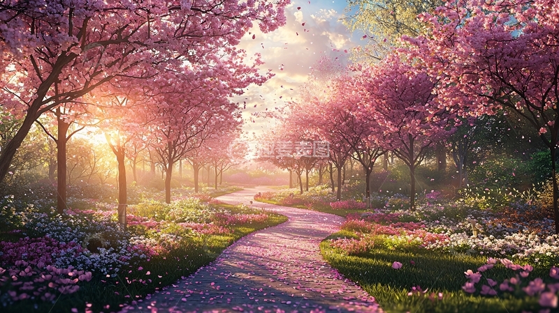 高清大图下载【趣麦麦图】粉色花树掩映的小路