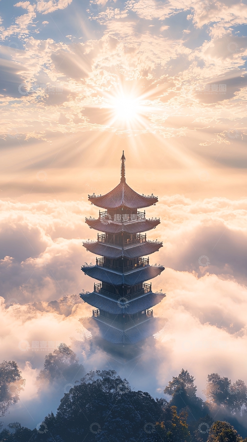 高清大图下载【趣麦麦图】云海佛塔
