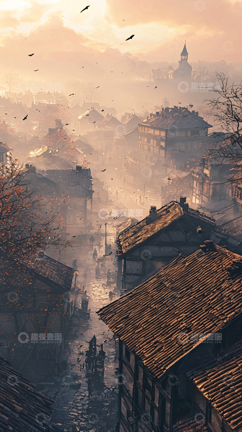 高清大图下载【趣麦麦图】清晨薄雾笼罩的古镇