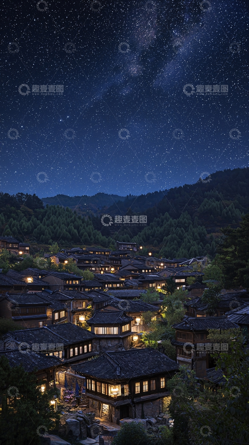 高清大图下载【趣麦麦图】星空下的山村夜景