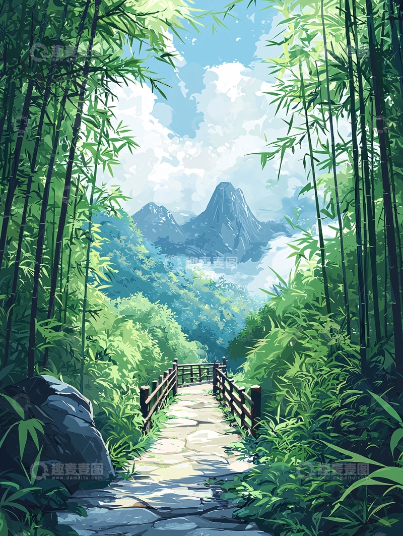 高清大图下载【趣麦麦图】竹林小路通向远山