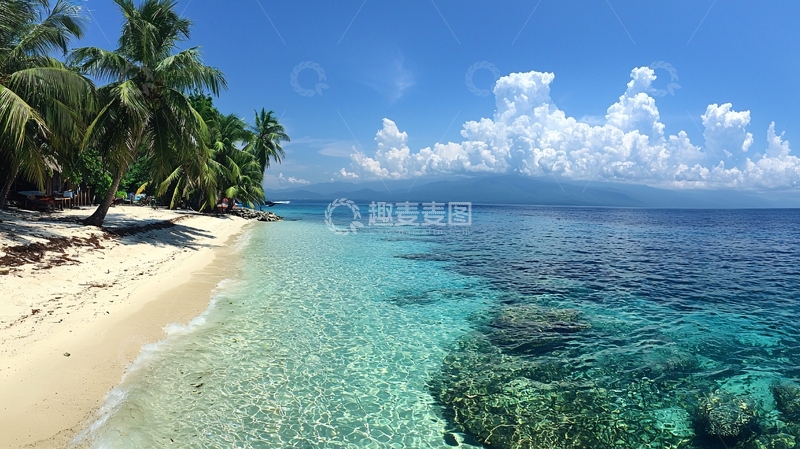 高清大图下载【趣麦麦图】热带海滩椰树蓝天白云