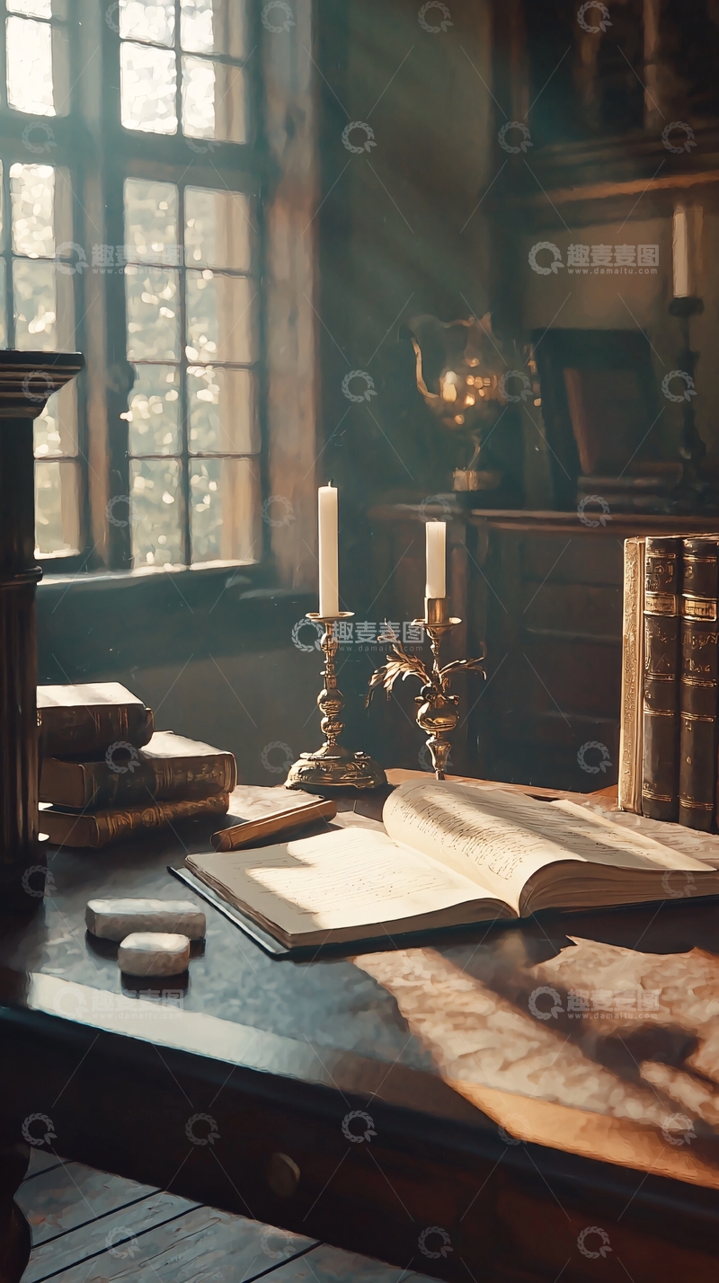 高清大图下载【趣麦麦图】复古书房阳光洒进