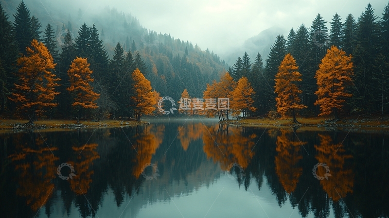 高清大图下载【趣麦麦图】秋色森林湖泊倒影