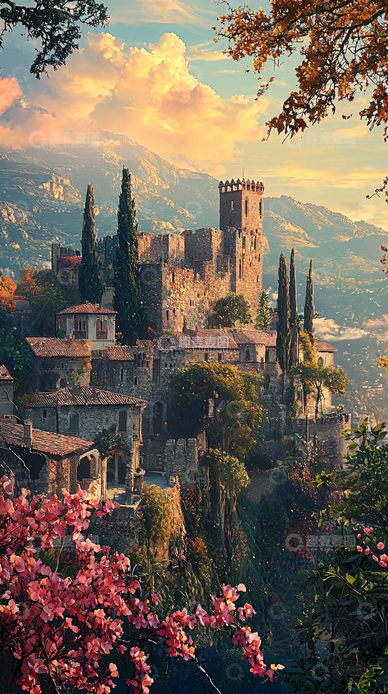 高清大图下载【趣麦麦图】山顶古堡夕阳美景