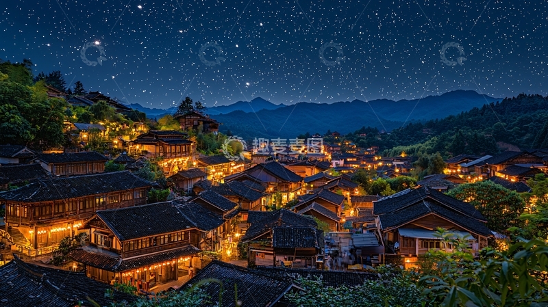 高清大图下载【趣麦麦图】星空下的山村夜景