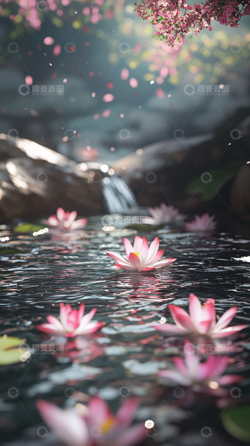 高清大图下载【趣麦麦图】粉色莲花溪流樱花