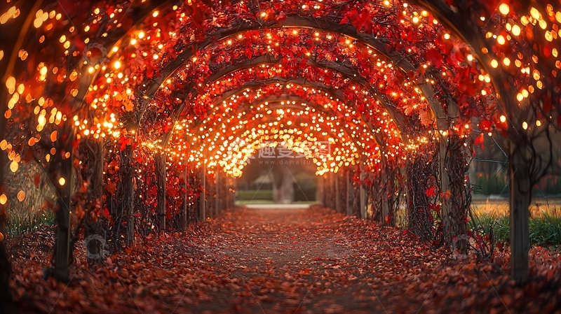 高清大图下载【趣麦麦图】落叶覆盖的灯光隧道