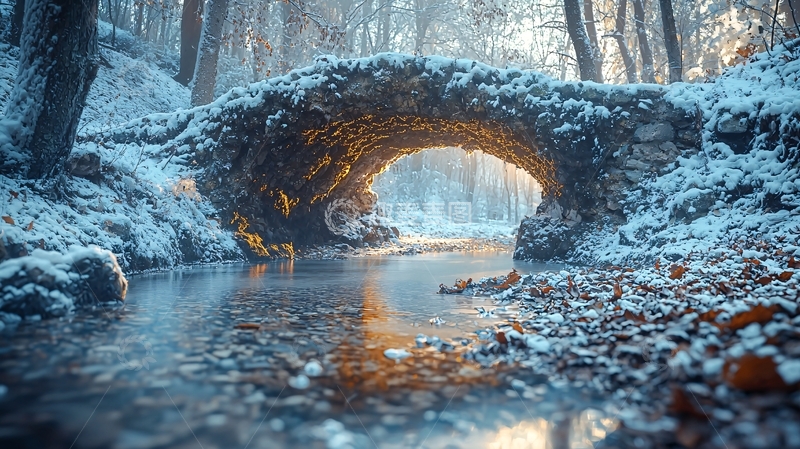 高清大图下载【趣麦麦图】雪后小桥流水美景