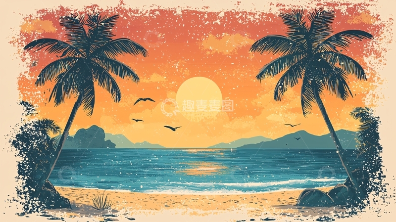 高清大图下载【趣麦麦图】海边日落椰树剪影