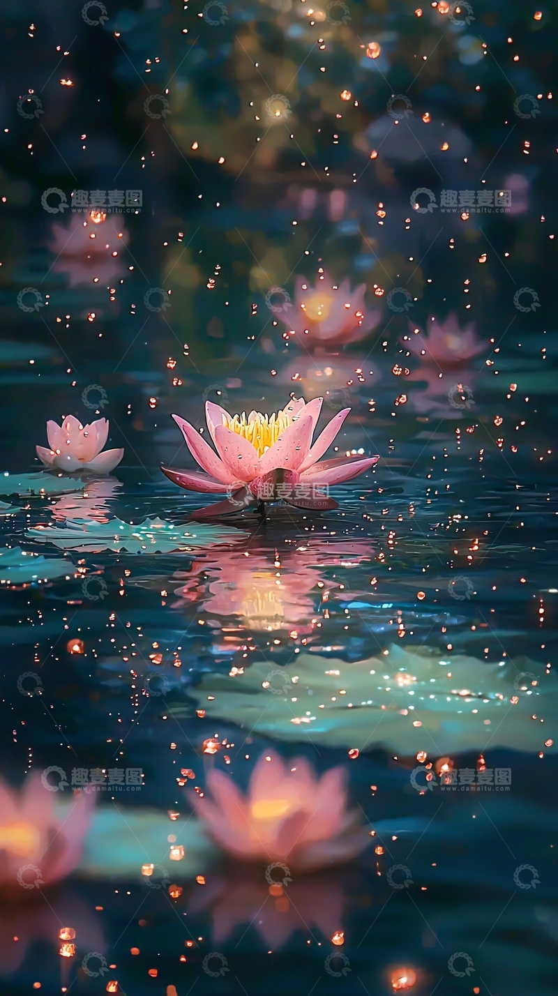 高清大图下载【趣麦麦图】梦幻莲花池塘夜景