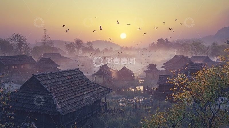 高清大图下载【趣麦麦图】清晨薄雾山村日出