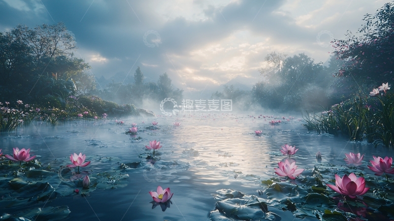 高清大图下载【趣麦麦图】雾气弥漫的清晨荷塘