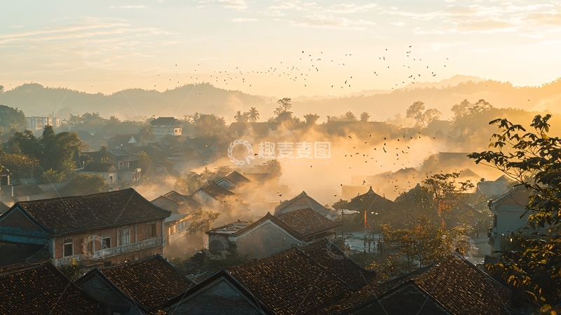 高清大图下载【趣麦麦图】清晨薄雾山村景色