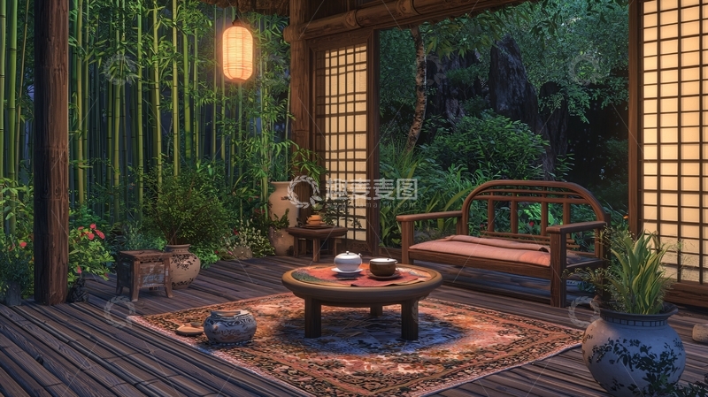 高清大图下载【趣麦麦图】日式庭院夜景