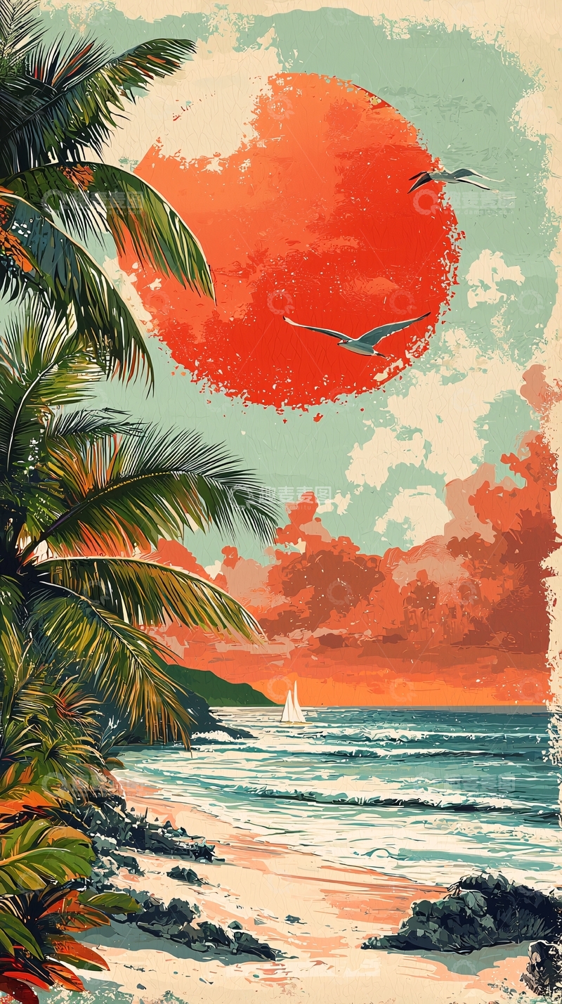 高清大图下载【趣麦麦图】热带海滩日落风景画