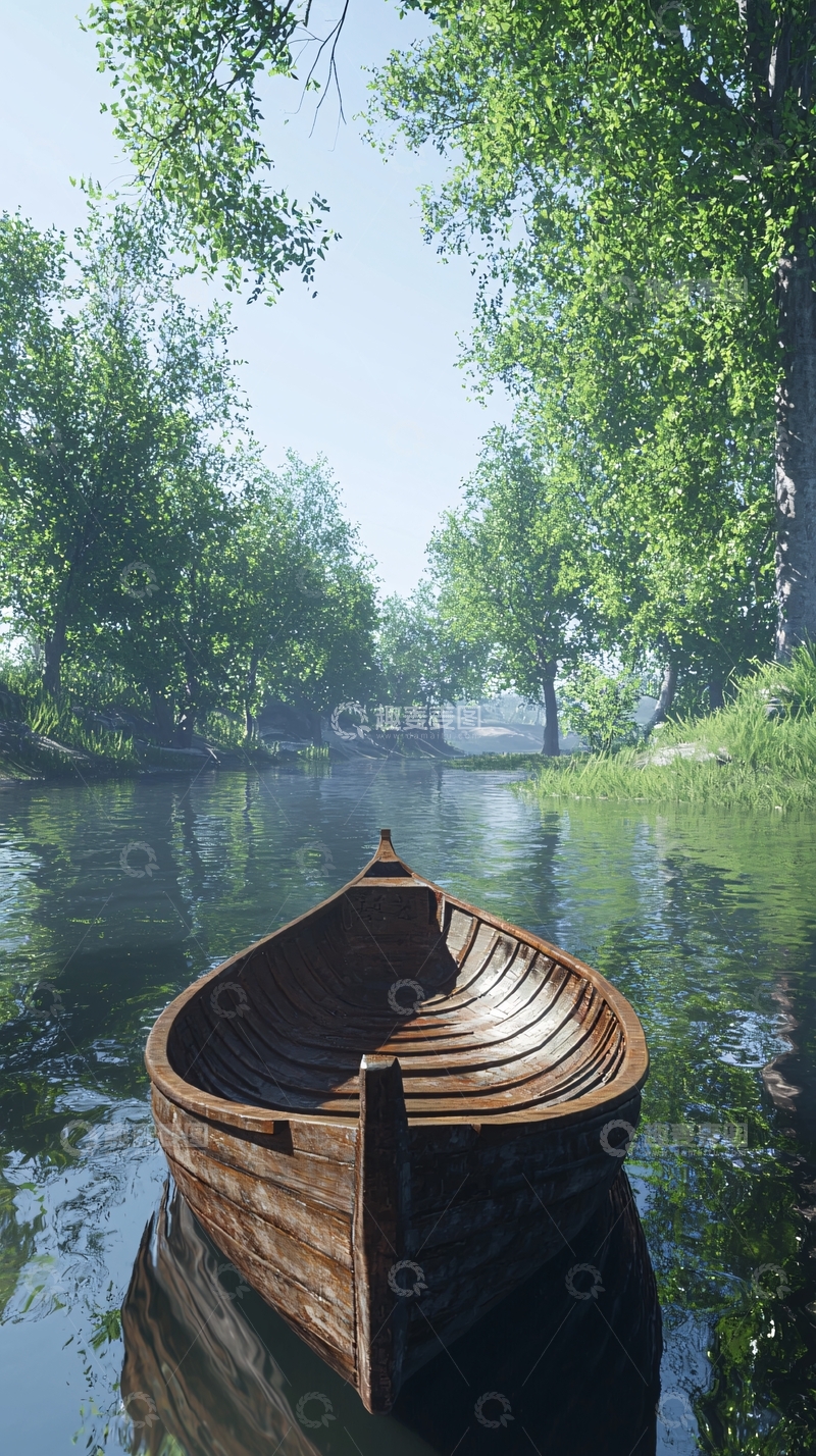 高清大图下载【趣麦麦图】木船静泊在绿树成荫的河道