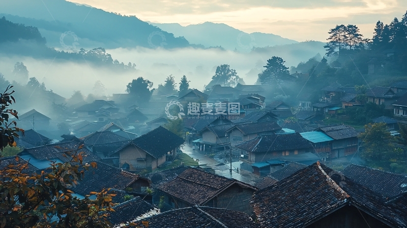 高清大图下载【趣麦麦图】雾气缭绕的山村清晨