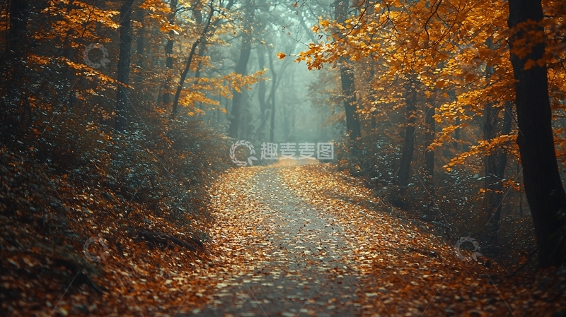 高清大图下载【趣麦麦图】秋天森林小路落叶遍地