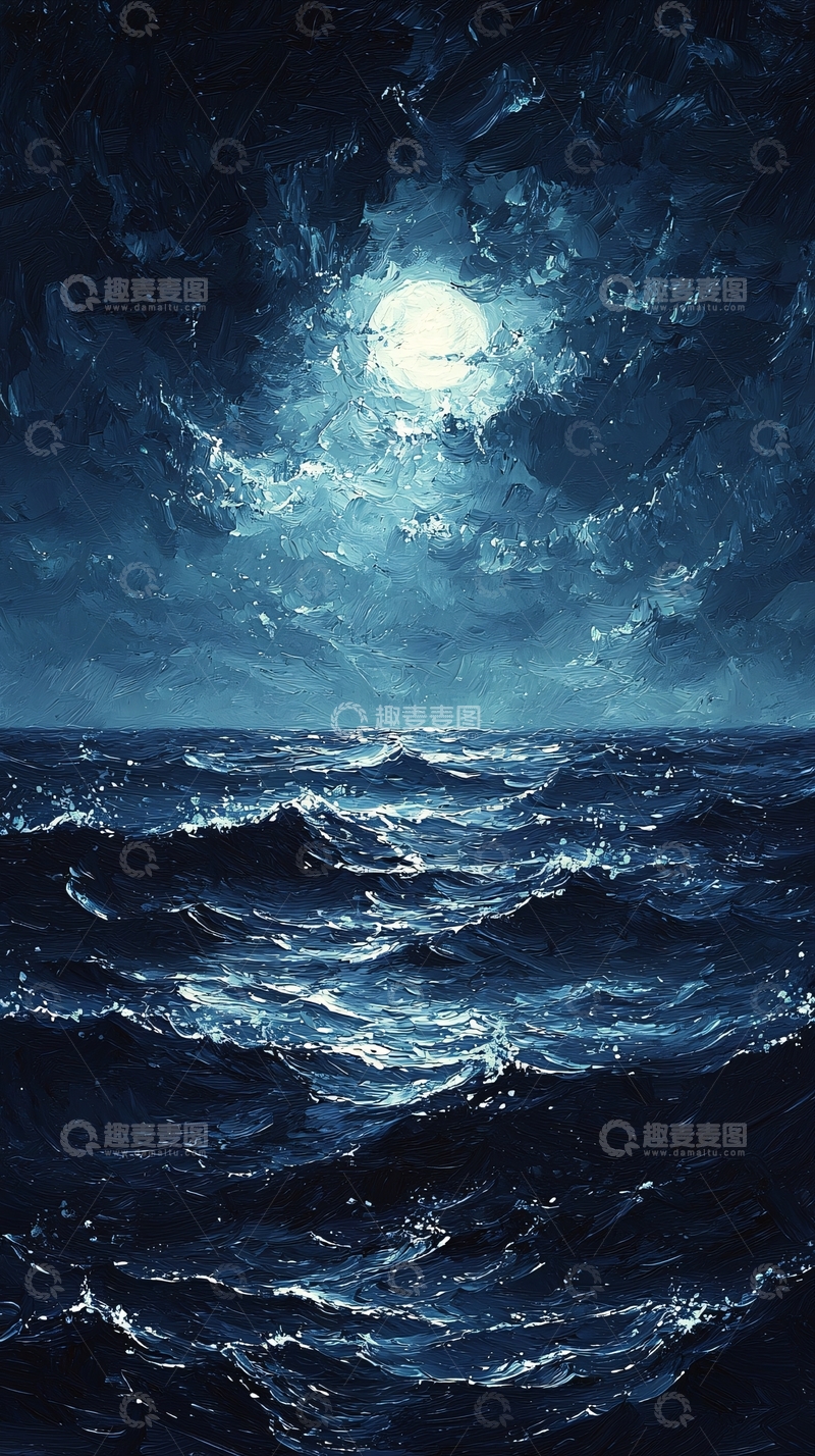 高清大图下载【趣麦麦图】海面月光油画风景