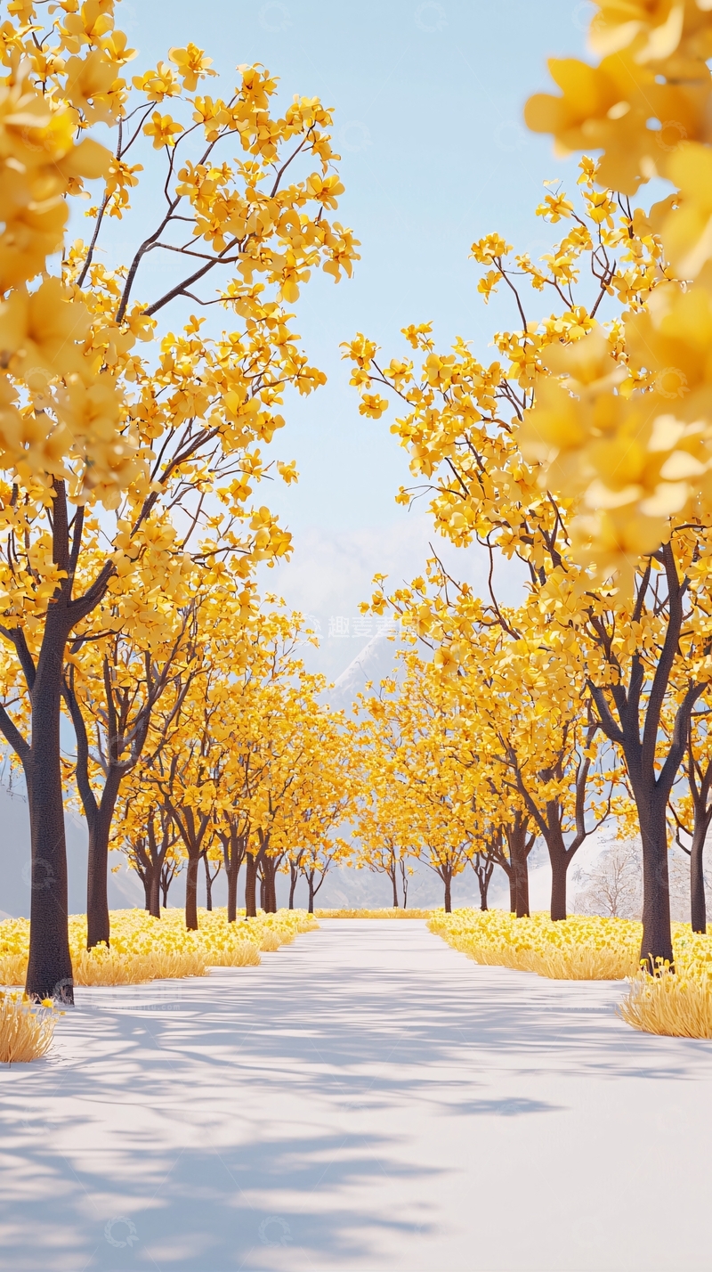 高清大图下载【趣麦麦图】金黄树林道路