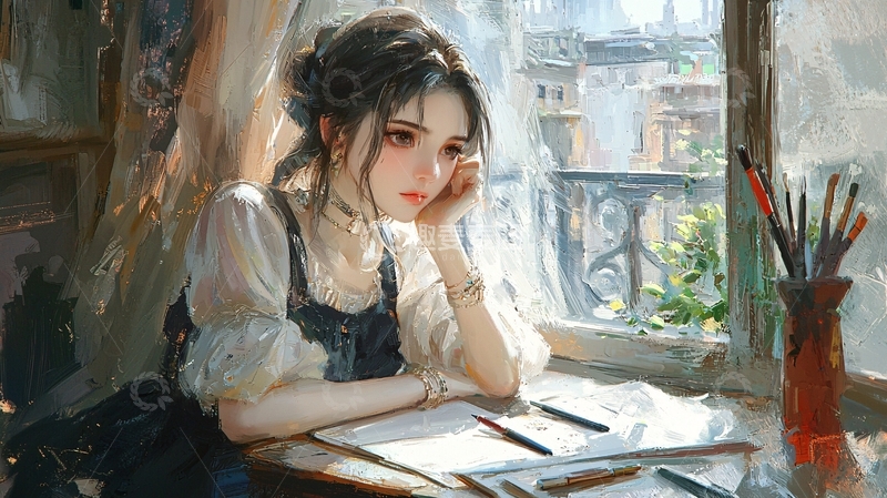 高清大图下载【趣麦麦图】窗边忧郁的少女画家