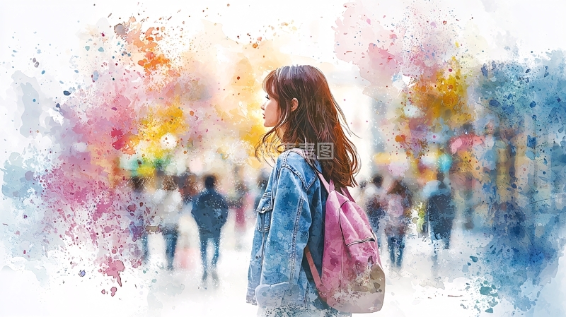 高清大图下载【趣麦麦图】水彩风格的女孩旅行背影
