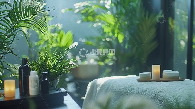 高清大图下载【趣麦麦图】绿色植物环绕的SPA按摩室
