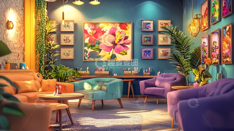 高清大图下载【趣麦麦图】蓝色墙壁花卉主题休息室