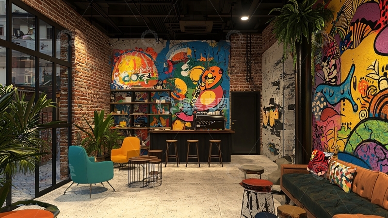 高清大图下载【趣麦麦图】工业风涂鸦墙酒吧休息区
