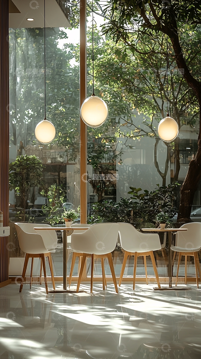 高清大图下载【趣麦麦图】明亮落地窗边的咖啡厅一角